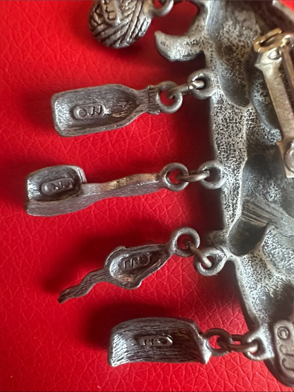 Silver-Tone JJ stamped Cat Charm Brooch with Playful Dangles